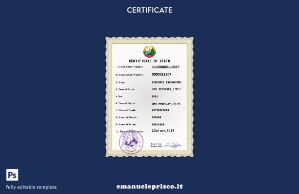 modello PSD del certificato di morte dei documenti di stato civile del Laos in s